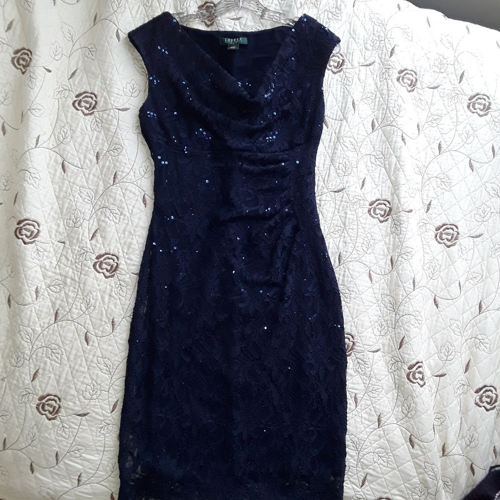 RALPH LAUREN Navy Blue Sequin Evening Dress